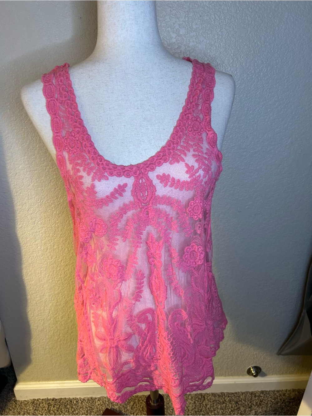 Sheer Pink Lace Overlay Sleeveless Tank Top Medium